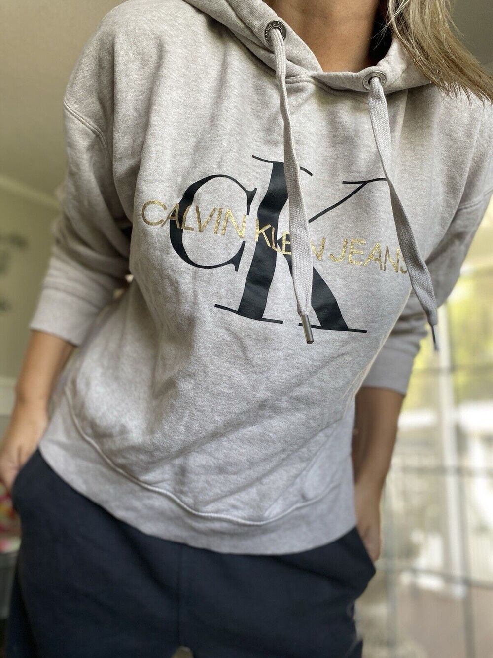 CALVIN KLEIN Jeans Sweatshirt Women’s Gray Hoodie Monogram Logo XL